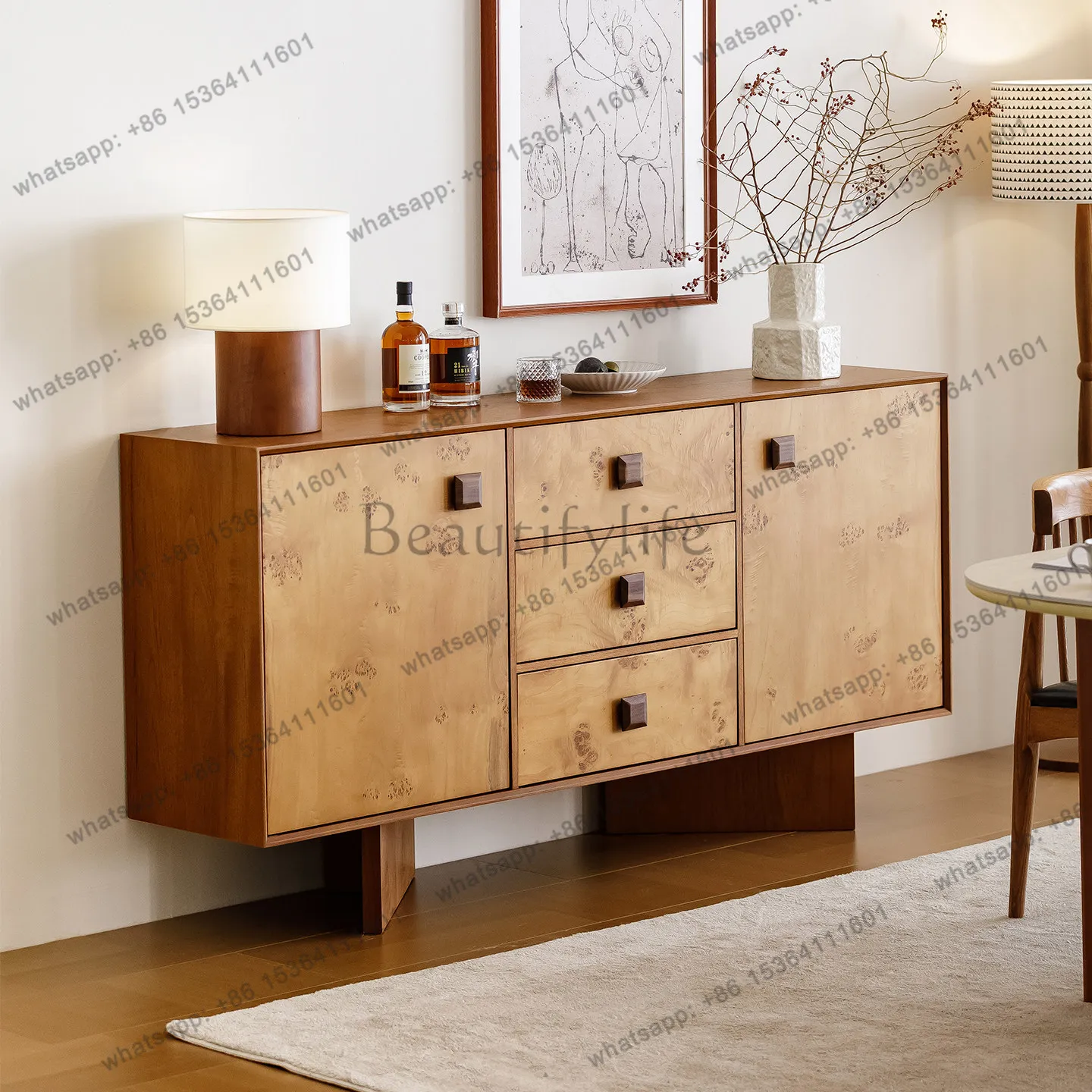 

Medieval solid wood dining side cabinet, natural teak veneer, living room storage, modern simple entrance cabinet
