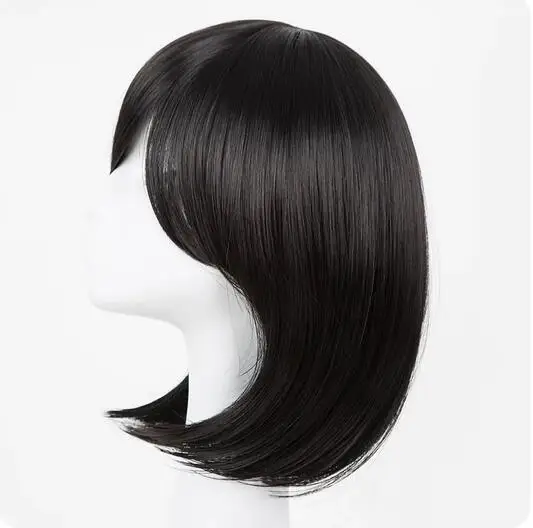 Syntheitc Wig rambut palsu hitam berombak pendek serat tahan panas kostum Wig miring untuk Salon pesta siswa Bob