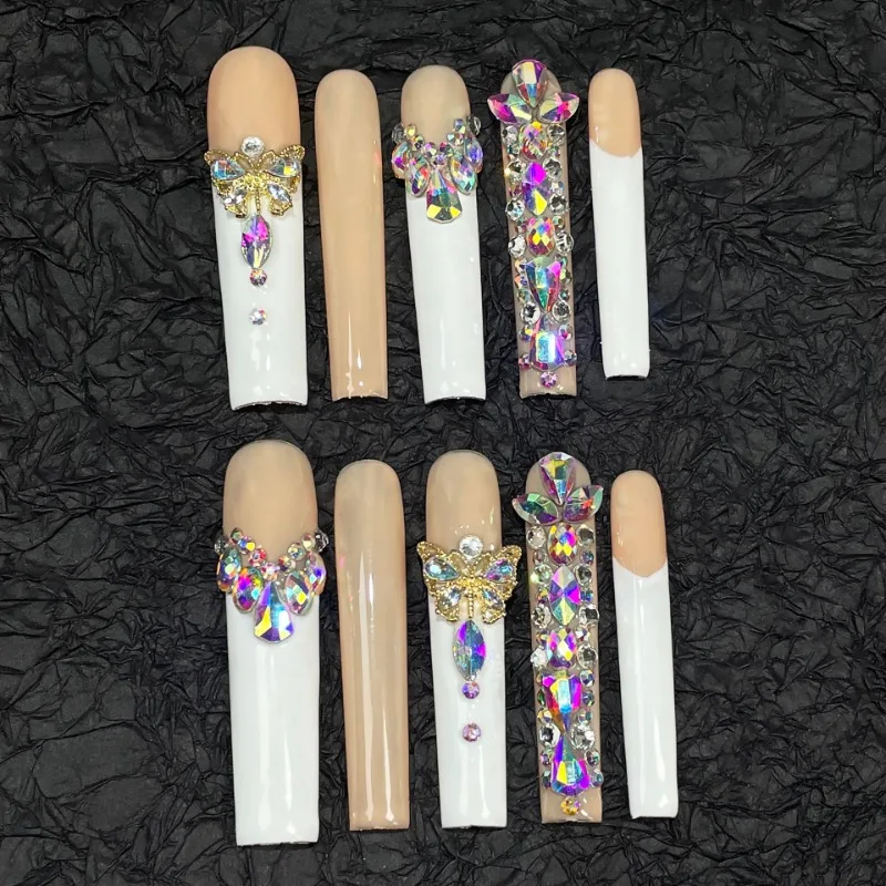 

Handmade Fake Nails with Charms Extra Long Press on Nails with Design French Sparkle Rhinestones Nail Tips with Box and Tools