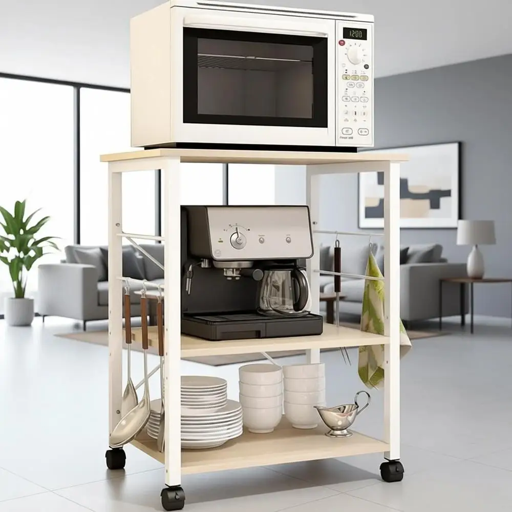 3-Tier Rolling Kitchen Cart with Microwave Stand, Small Utility Cart for Kitchen Storage, Maple Finish