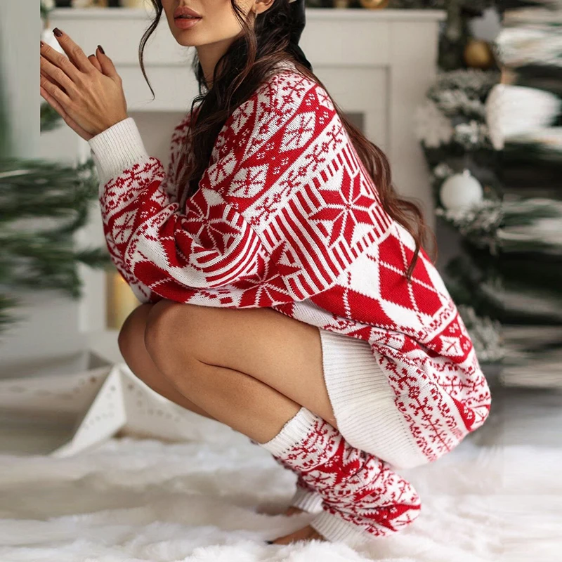 Nuovo abito maglione stampato con fiocchi di neve di Natale da donna eleganti abiti da festa larghi per le donne maglione maglione lavorato a maglia autunno inverno
