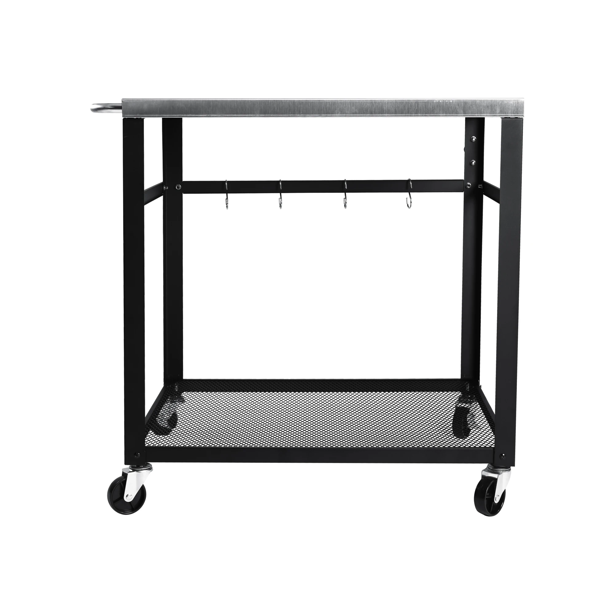

2-Tier Outdoor BBQ Prep Cart with Stainless Steel Mesh Shelf Lockable Wheels Bottle Opener Hooks - Mobile Utility Grill Cart