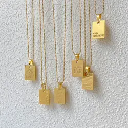 2022 Gold Color Stainless Steel Pendants Necklace Inspirational Engraved Letters Square Pendant Beads Chain Necklace For Women