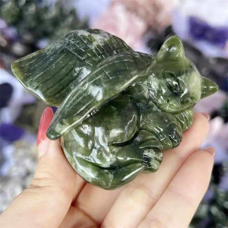 

Natural Green Jade Angel Cat Carving Quartz Healing Crystal Stone Cute Birthday Present Home Decoration 1PCS