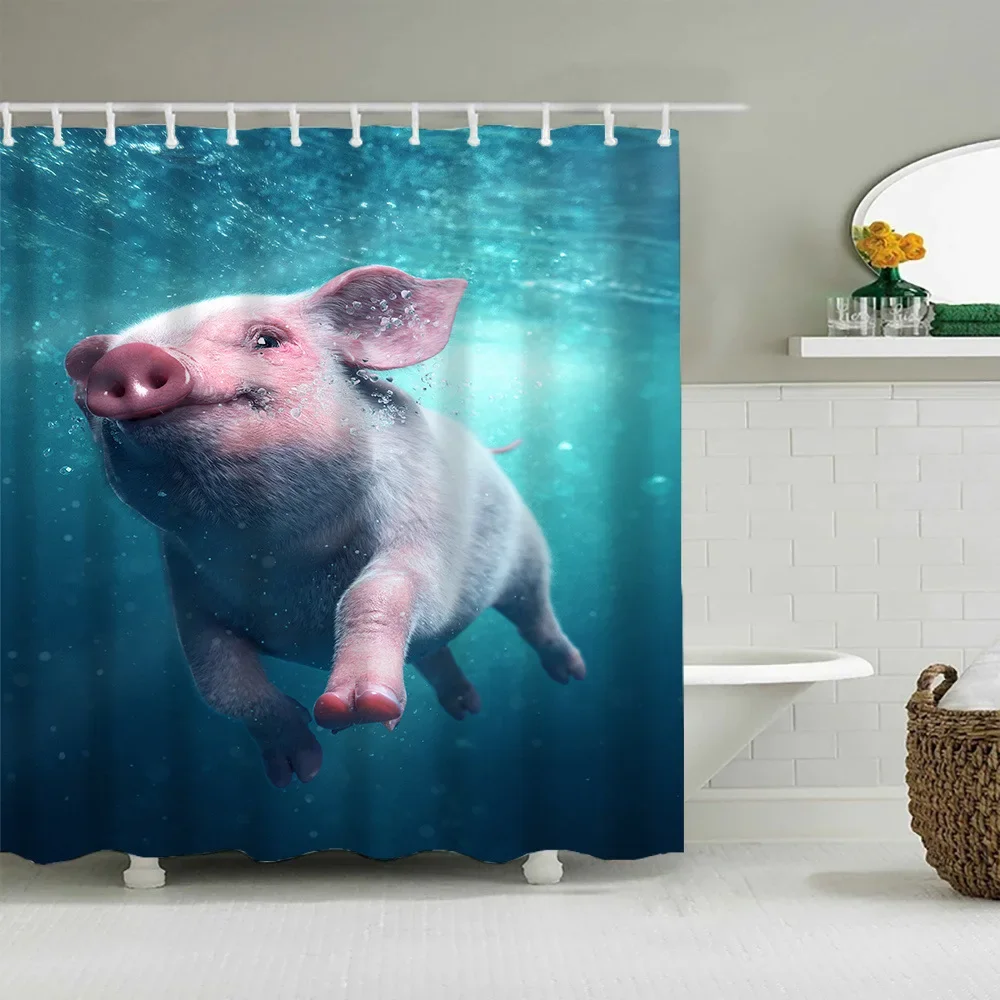Funny Farm Pig Shower Curtain Cute Pinkish Pig Is Taking Bath Farmhouse Bathroom Decor Kids Cartoon Shower Curtains with Hooks