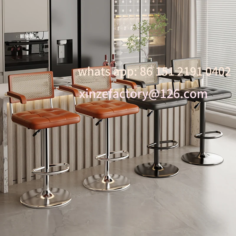 كرسي مسند ظهر من الخيزران قابل للرفع وقابل للتخصيص لمقعد دوار لجزيرة المطبخ مع مسند للقدمين حديث R