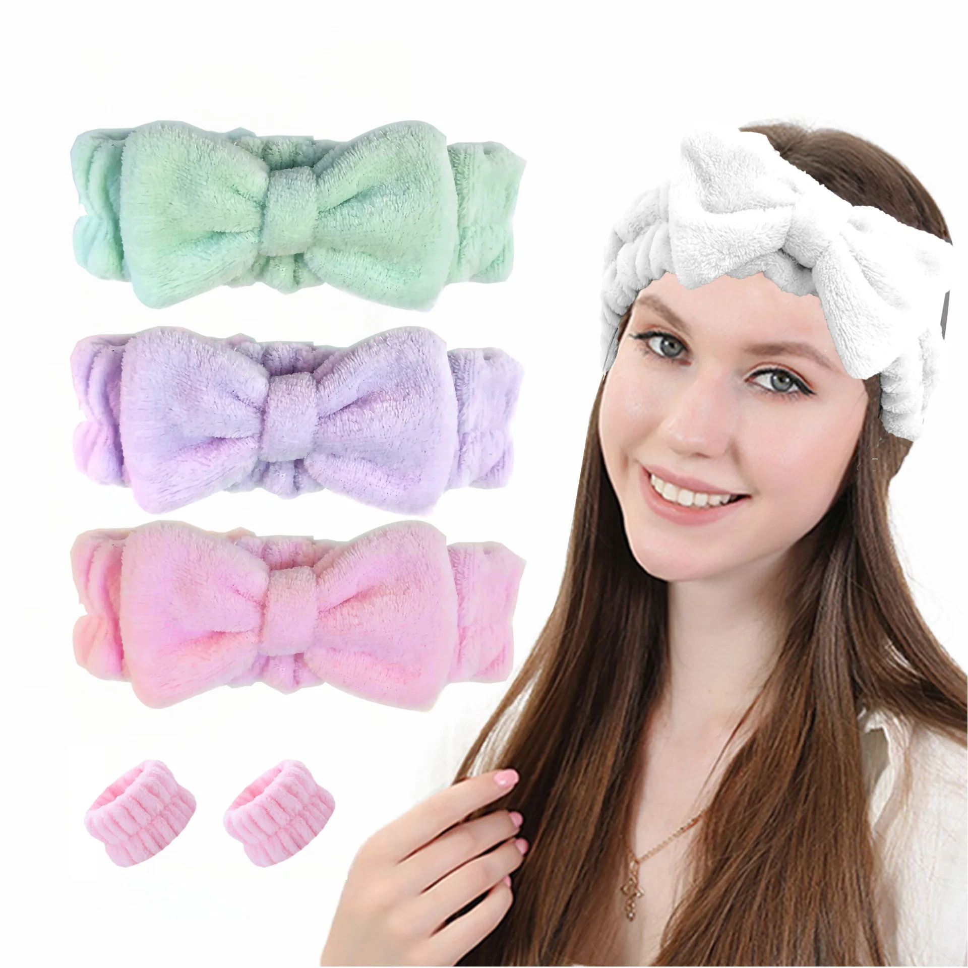 

Women Solid Bow Headbands Elegant Coral Fleece Handmade Hair Accessories Cuff Waterproof Bands Head Band Hair Accessories Set