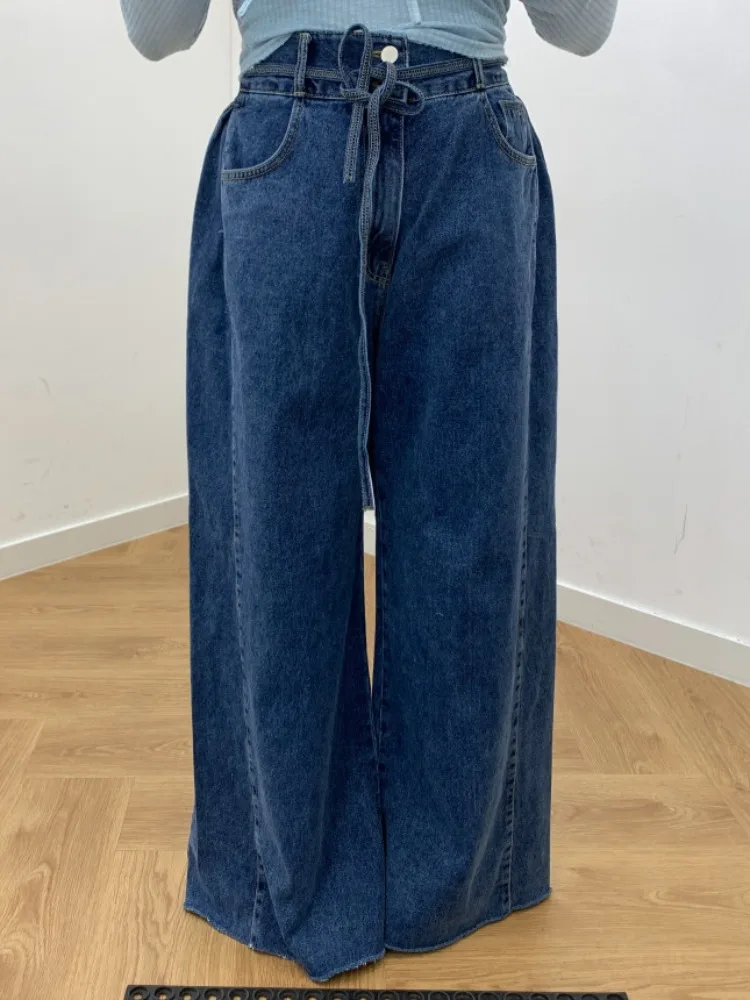 Afslankende denim jeans met hoge taille en wijde pijpen Dames Faion Lente Herfst Gevouwen Chique Self-Kee Lange broek Street Sle