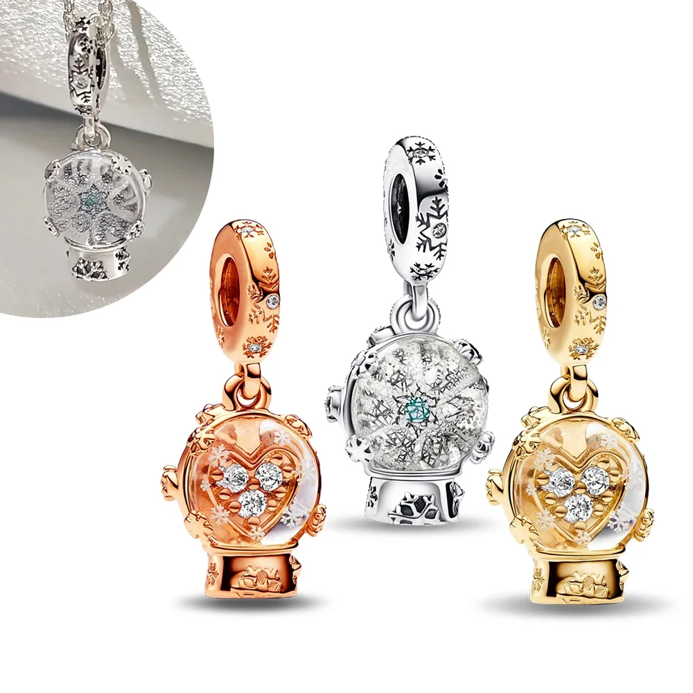 

Beads Sterling Silver 925 Gold Transparent Love Snowflake Snow Scene Charm Diy Bracelet Women's Jewelry Making Gift