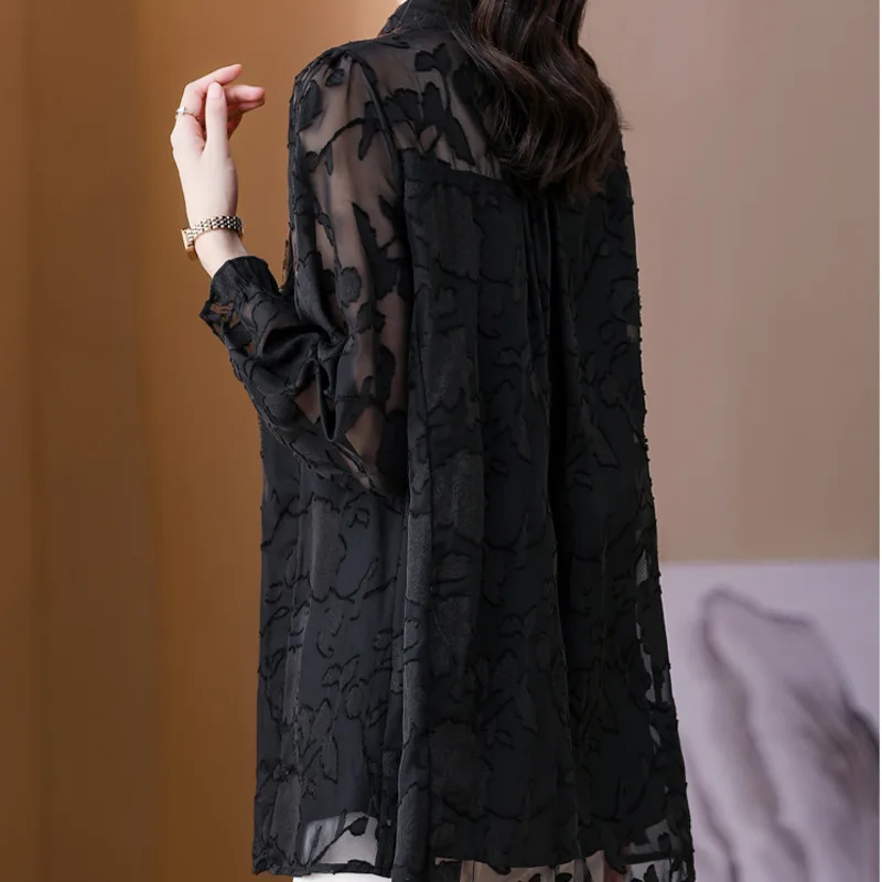 #2537 Spring Black Chiffon Shirt Women Long Sleeve Mid-length Women Tops And Blouses Turn-down Collar Office Shirt Female Loose