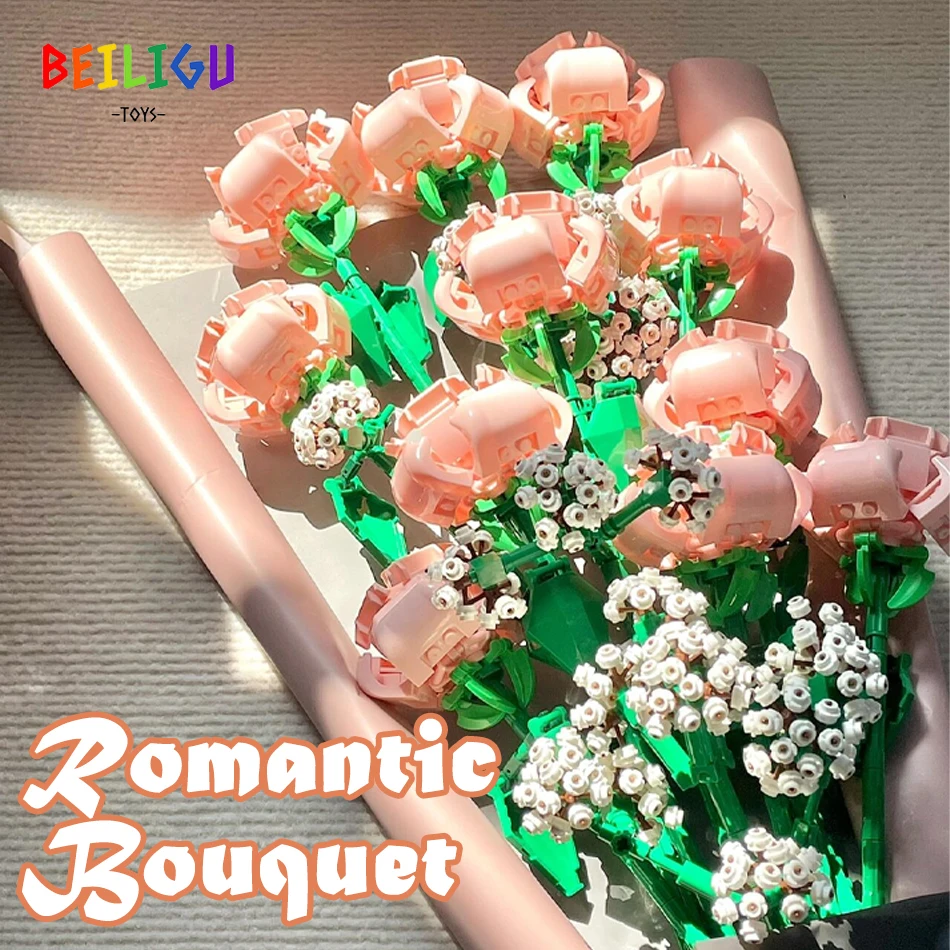 

1661 шт. романтический розовый букет цветов розы строительные блоки кирпичи игрушка для взрослых детей друг подарок на день Святого Валентина на день матери