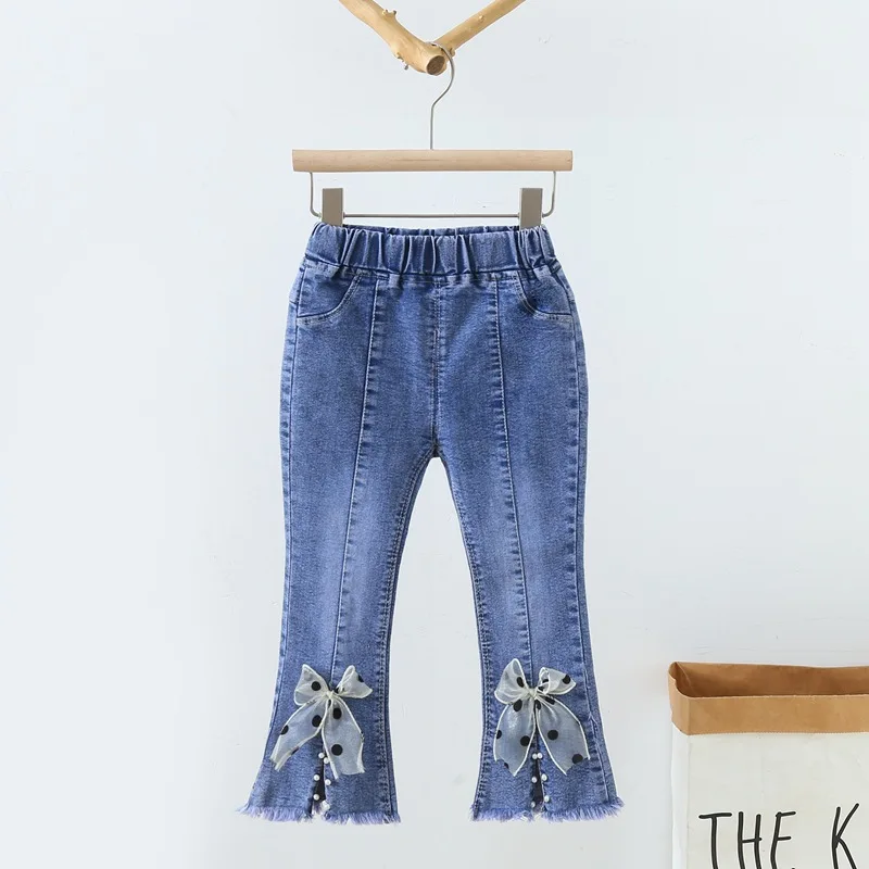 

2 3 4 5 6 Years Kids Baby Girls Jeans New Fashion Beading Bow Denim Pants Spring Autumn Children Casual Trousers Toddler Clothes