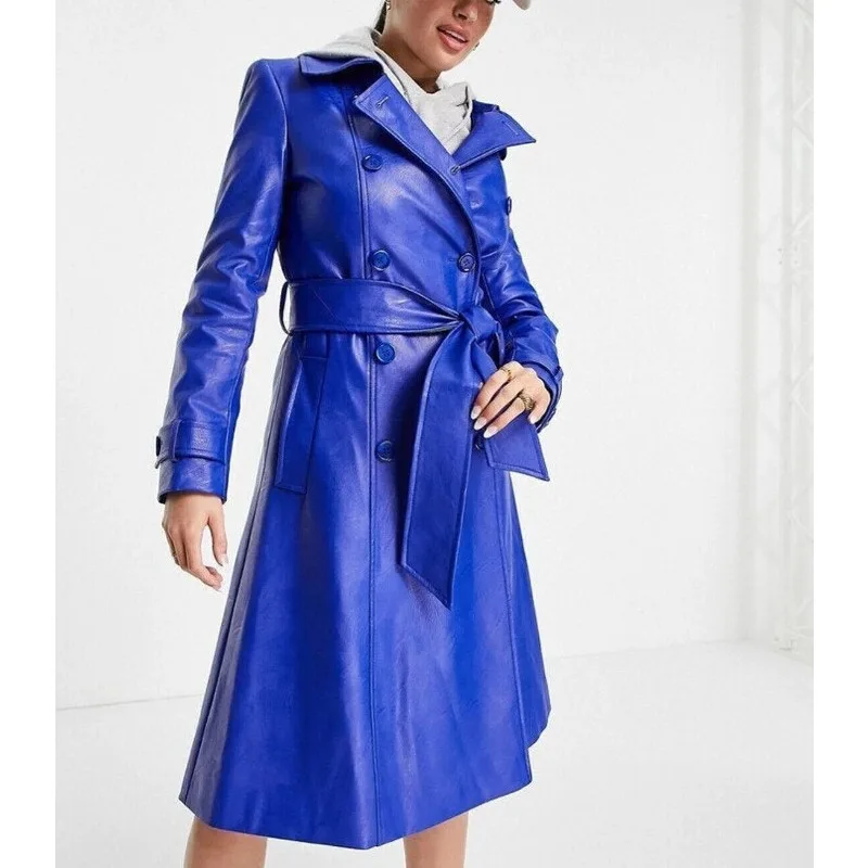 Women's Stylish Coat Lambskin Blue Leather Long Trench Coat for Jacket Fashion Trends