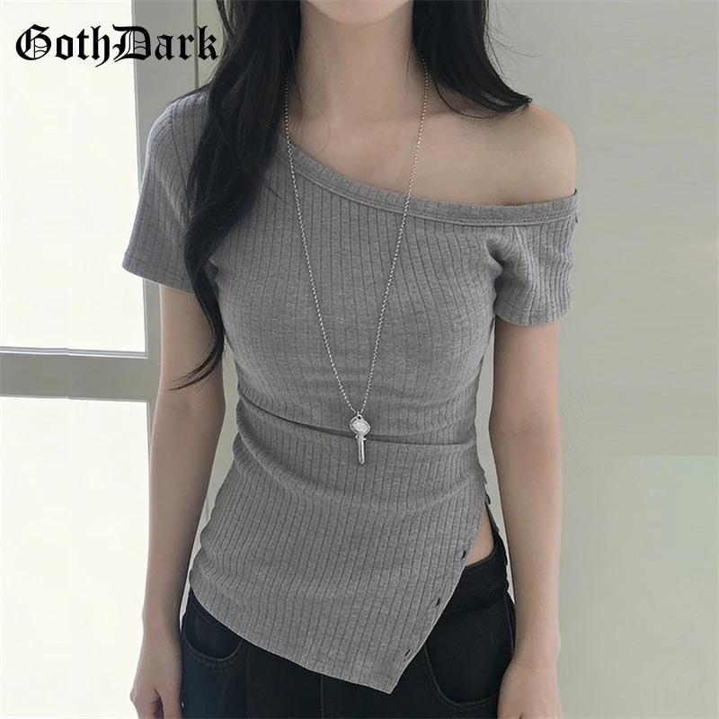 Goth Dark Casual Short Sleeve Off Shoulder T-shirts Y2K Aesthetic Irregular Hem Button Design Tee Shirt Mall Gothic Slim Tops