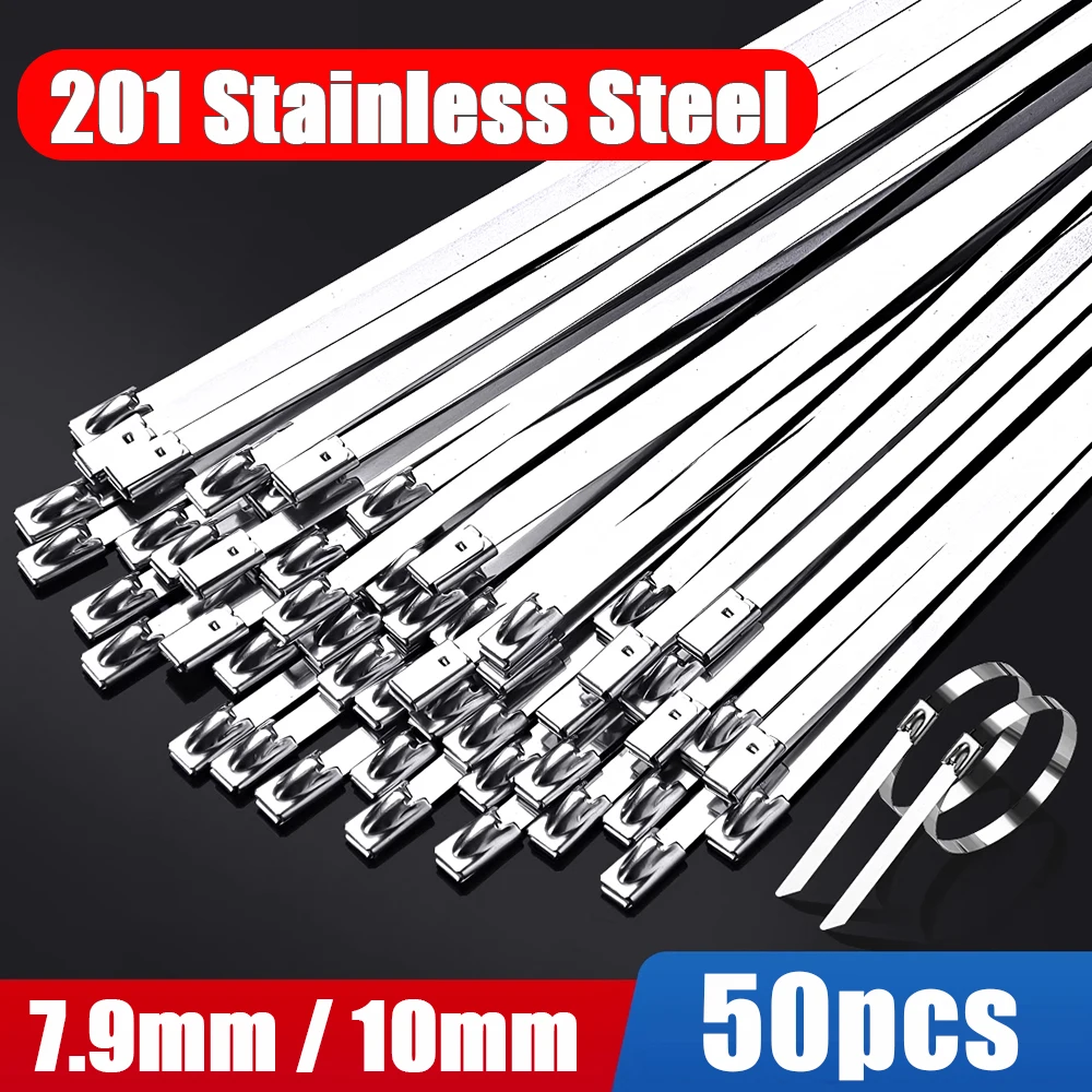 

50 Pcs 7.9mm 10mm 201 Stainless Steel Metal Cable Ties Multifunctional Self-Locking Cable Ties Zip Exhaust Wrap Coated Locking
