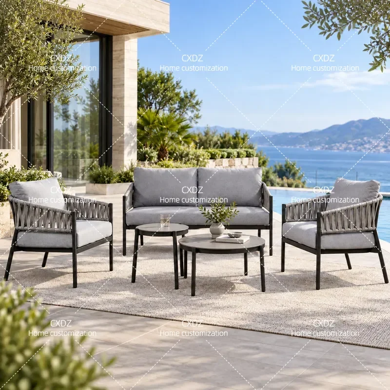 Nordic Outdoor Rope Sofa Set Waterproof Rattan Chair and Coffee Table Combination for Villa Garden Courtyard Hotel Leisure