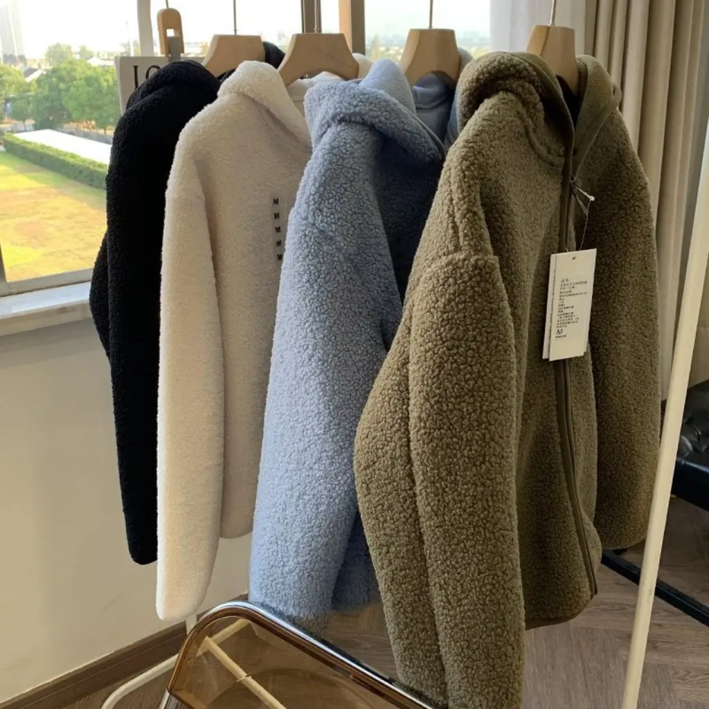 

Women's Hooded Jacket Solid Color Loose Warm Fleece Lamb Wool All-match Autumn Winter Fitting Room Daily List