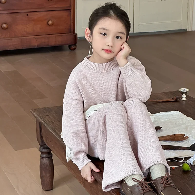 Girls Suit 2024 Autumn New Childrens Wear Korean Girl Loose Solid Color Chenille Sweater Fold Wear Short Skirt Three-piece Set