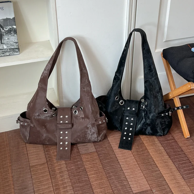 Belt Buckle Women Luxury Designer Handbag and Purses PU Rivet Multiple Pockets Y2K Large Capacity Shoulder Bag Commute Big Totes view 2