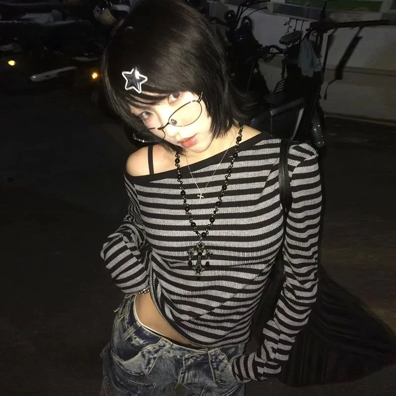 

Женская удлиненная футболка Genayooa в стиле Y2K с открытыми плечами, комфортная повседневная весенняя модная кофта