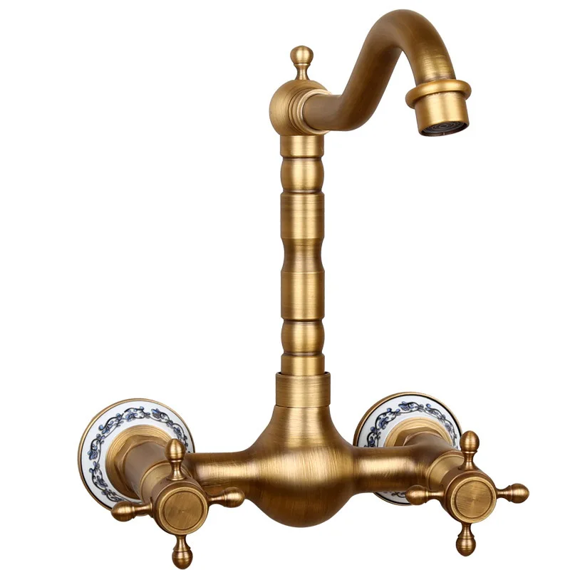 Basin Faucets Antique Brass Wall Mounted Kitchen Bathroom Sink Faucet Dual Handle Swivel Spout Hot Cold Water Tap with tow pipe