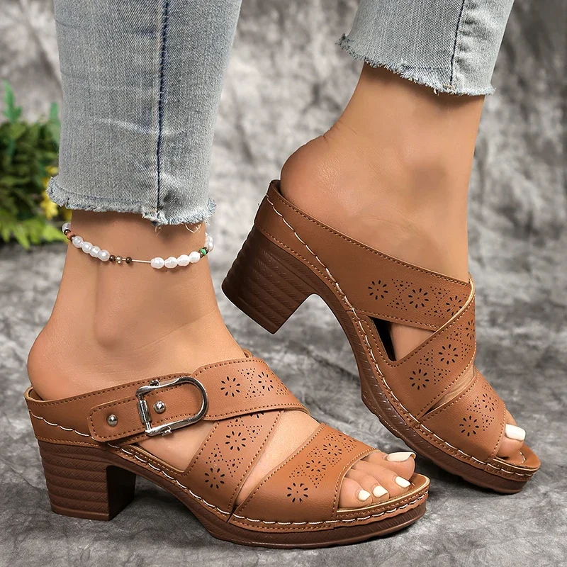 

New Fashion Chunky Heels Sandals for Women Summer 2025 Lightweight High Heel Slippers Woman Comfort Slip On Beach Sandals Mujer