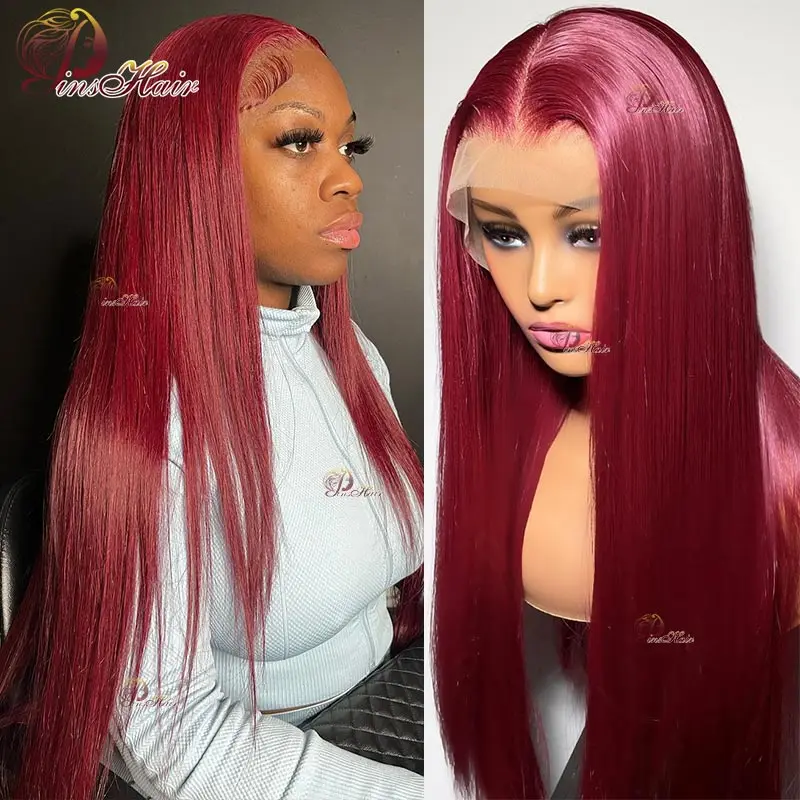 99J Straight Lace Front Human Hair Wigs With Baby Hair Cherry Red 13x6 Lace Frontal Wig For Women Remy Hair Transparent Lace Wig