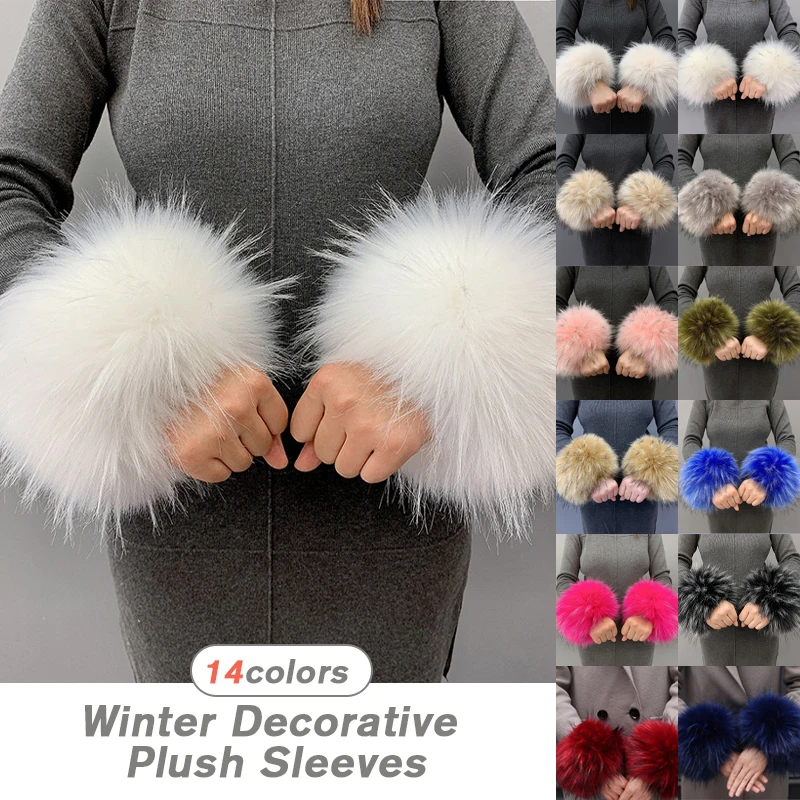 

Women Faux Fox Fur Cuffs Wristband Winter Warmer Fluffy Fur Wrist Cuffs Imitation Raccoon Fur Sleeve Gloves