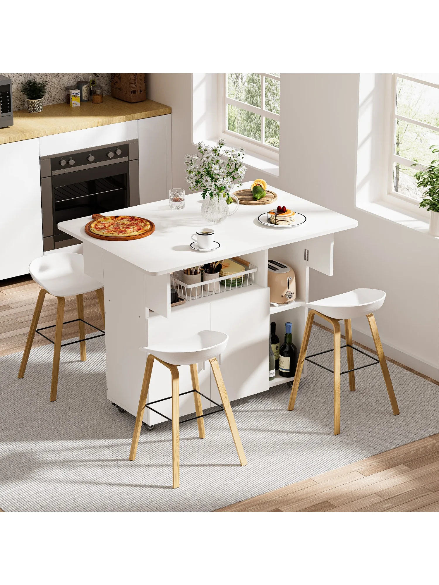 Mobile Folding Dining Table Foldable Side Table Wood Folding Table With Wheels White Wood Dining Table Space Saving Organizer