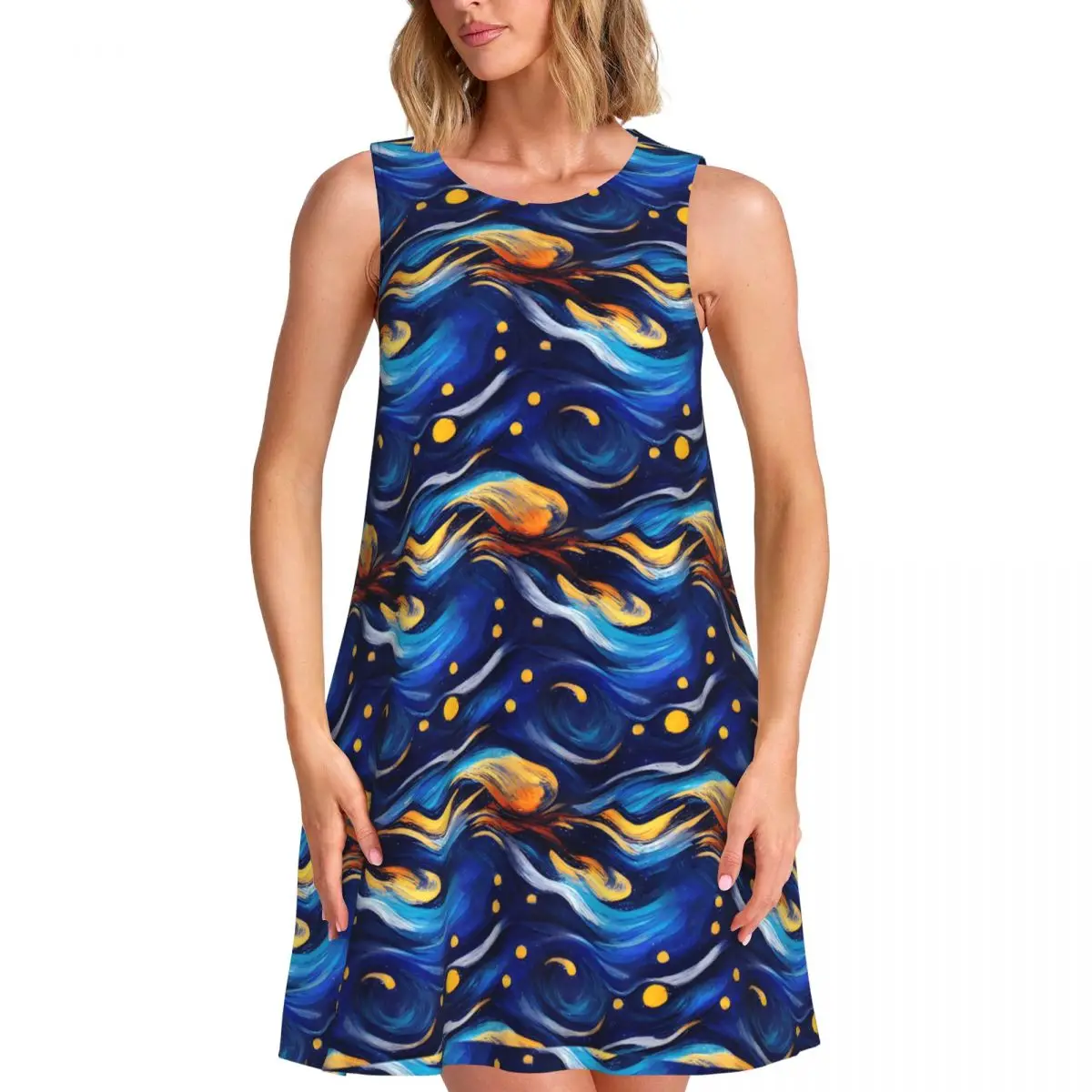 Blue Starry Night Casual Dress Funny Famous Painting Basic Dresses Sleeveless Sexy Dress Wholesale O Neck Womens Printed Clothes
