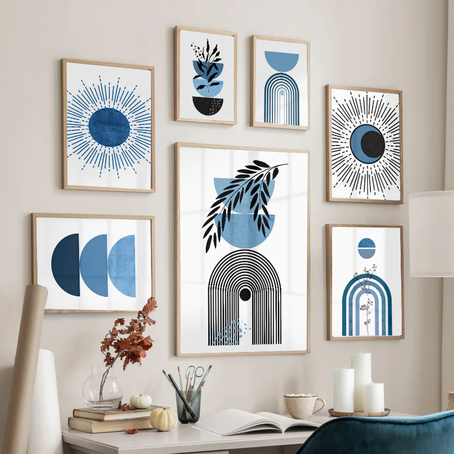 Navy Blue Boho Wall Art Canvas - Geometry Sun Rainbow Design Mid-Century Modern Neutral Living Room Home Decor