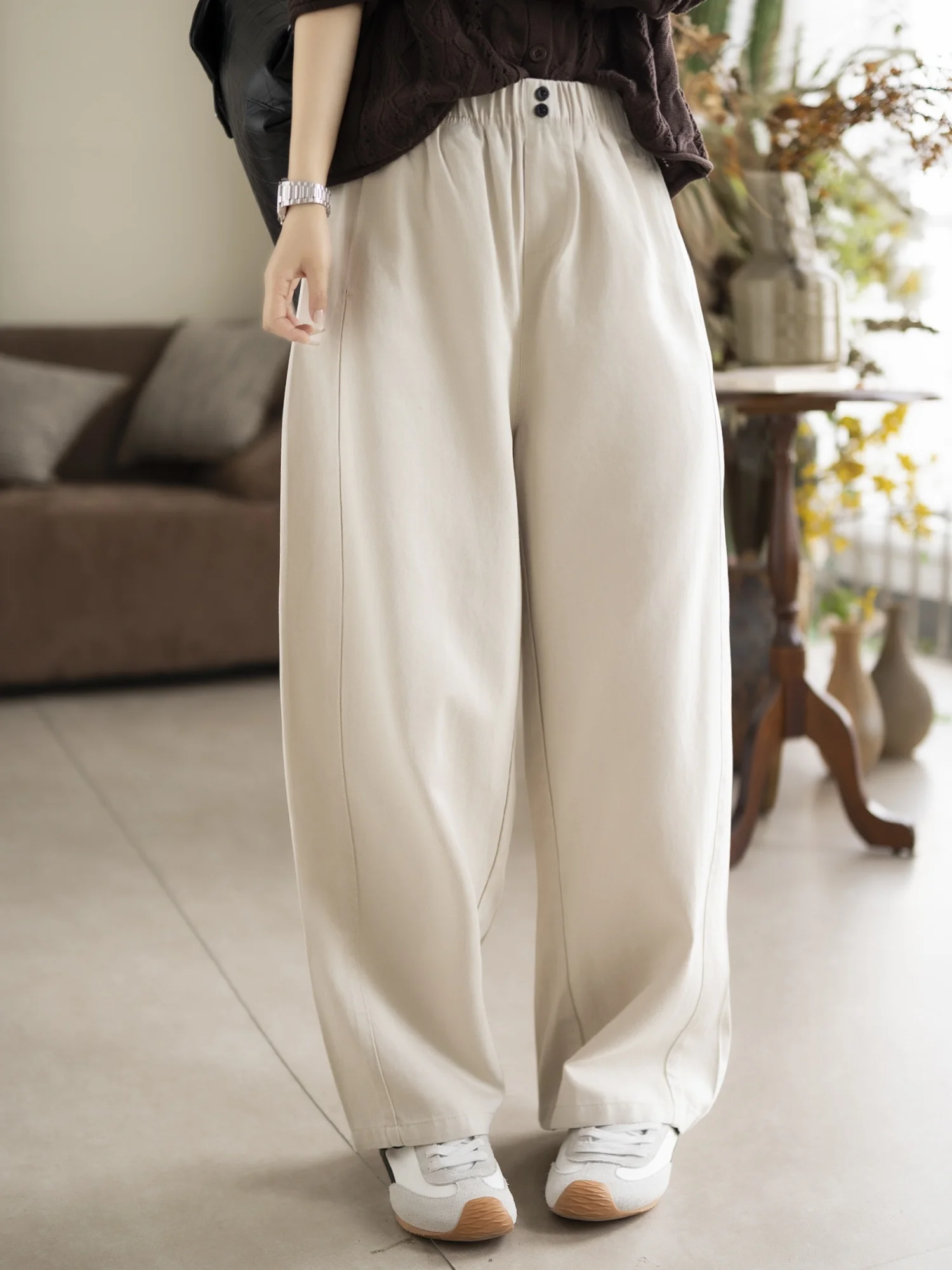 

Повседневные удобные свободные женские брюки прямого кроя с эластичным поясом, скрывающие недостатки фигуры, хлопковые, с высокой талией, прямые брюки-трубы