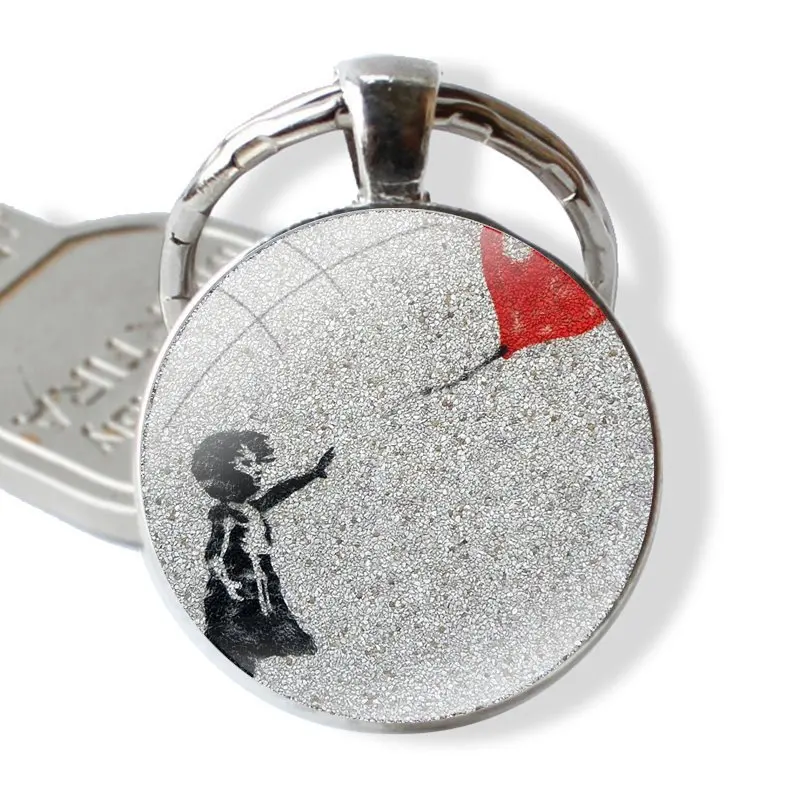 Keychain Handmade Glass Cabochon Key Ring Holder Pendant Key Chains Banksy Girl With Red Balloon