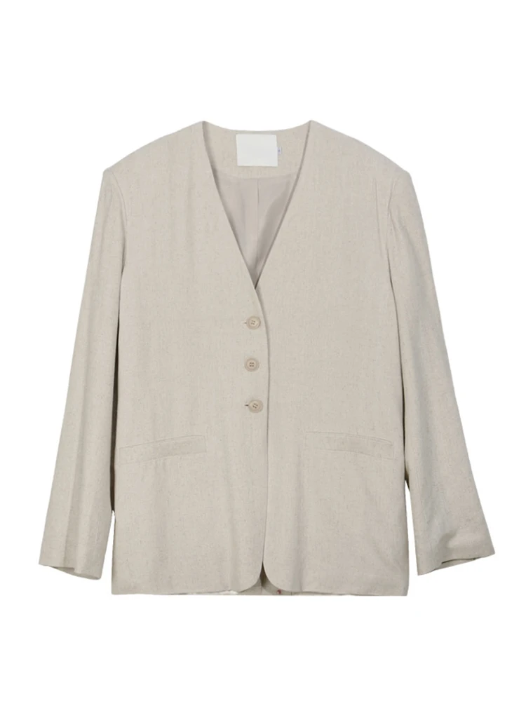 LANMREM-Blazers de lino para mujer, Chaqueta de manga larga con cuello de pico y botonadura única, Estilo Vintage para oficina, novedad de verano,