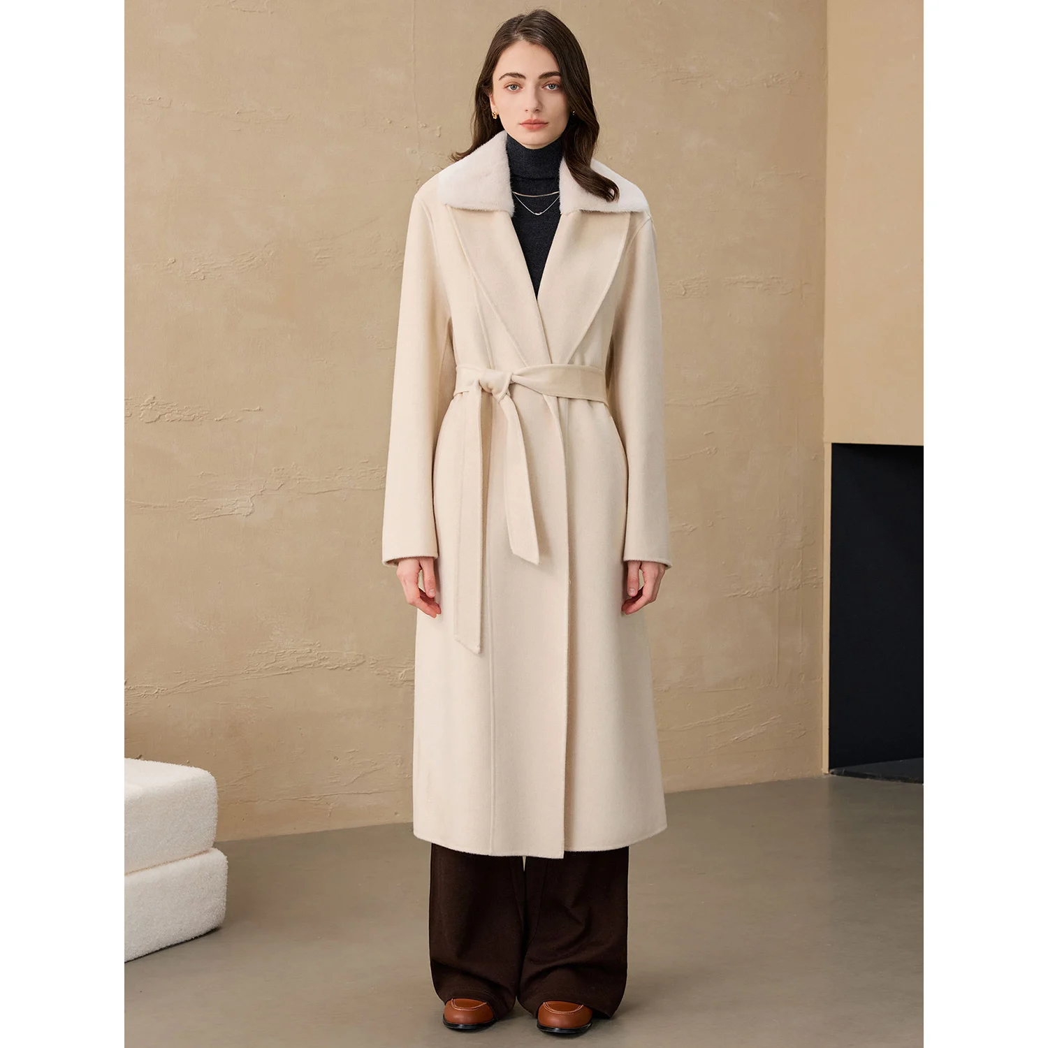 Allingentle Ivory Women's Long Blazer Woolen Fashion Jacket Warm Winter Coat with Belt for Party Daily Outfits Customize