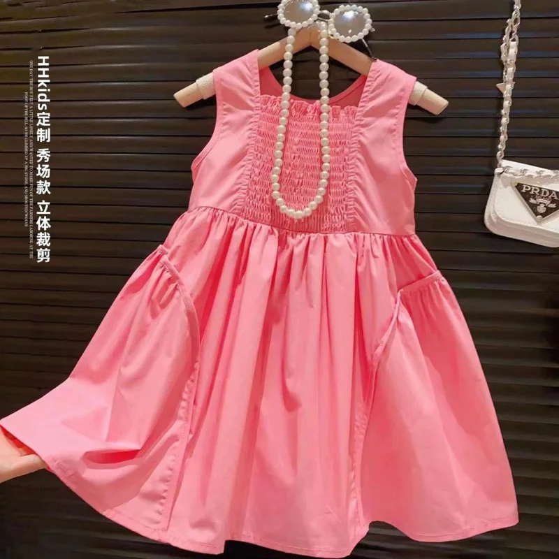 

New Girls' Elastic Square-Cut Collar Temperament Irregular Fashionable Princess Dress2024Summer Children Skirt-WSNY