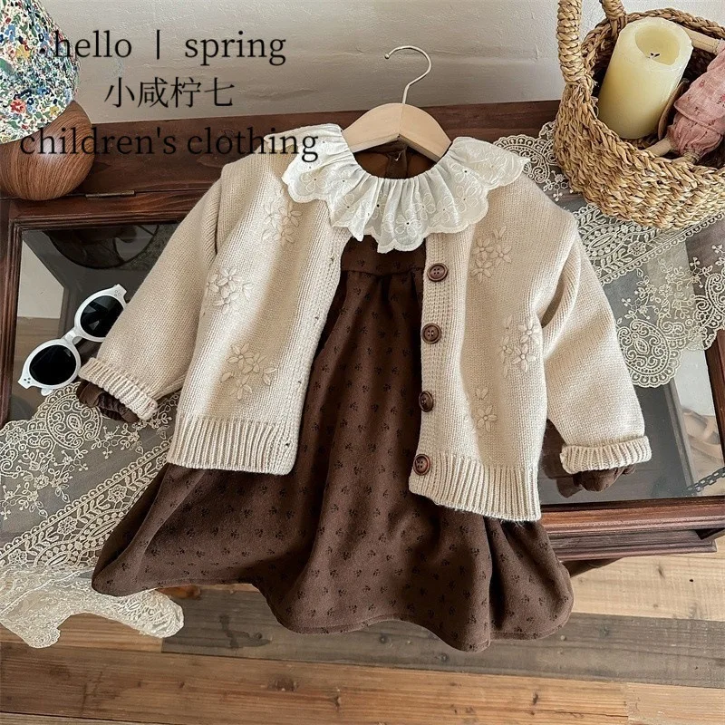 Girls Spring and Autumn New Korean Style retro Crocheted Knitted Cardigan Floral Dress Two-piece Set