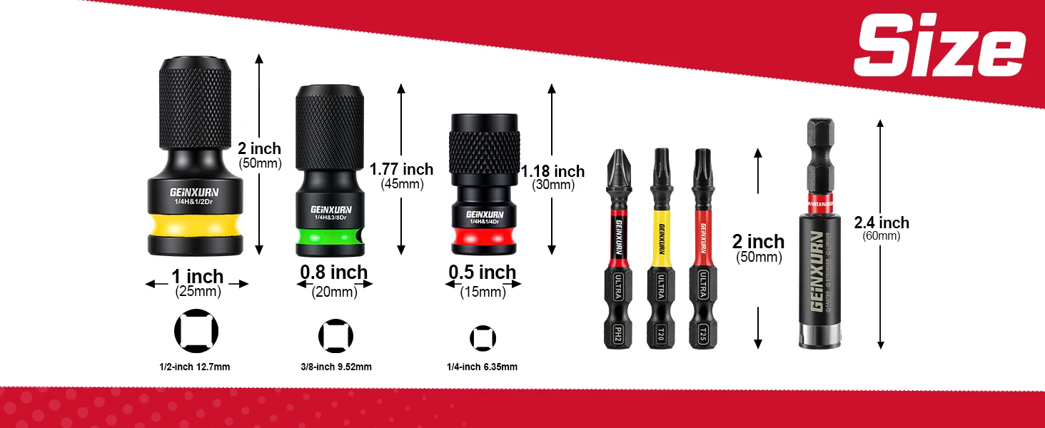 1/2, 3/8, 1/4-Zoll-Schlagsechskant-Adapter für Schraubendreherbits, Vierkantantrieb auf 1/4-Zoll-Schnellwechsel-Sechskant-Steckschlüsseladapter – Detail 1
