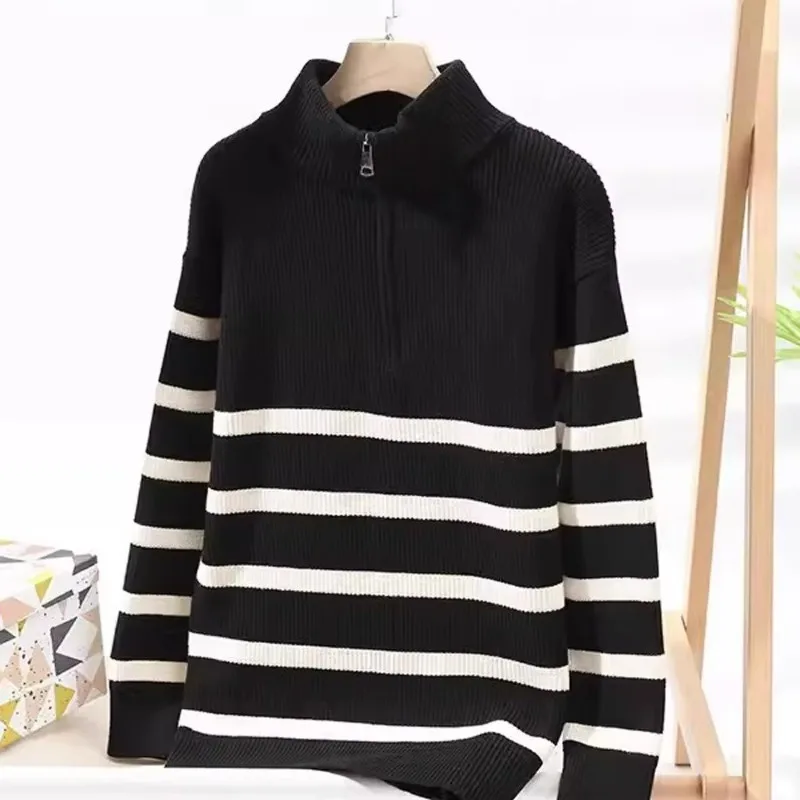 

Fall Large Size 300 Pou American Retro Striped Sweater Men's Hong Kong Sle Fat Couple Knitted Outerwear Baseball Collar ...