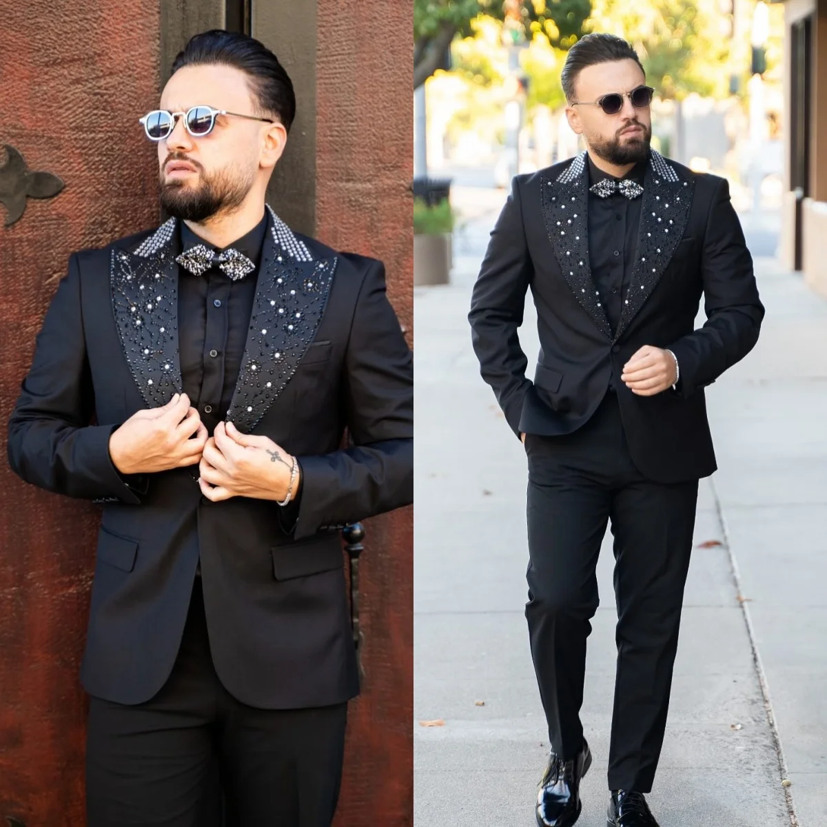 Elegant Men Suits Casual Beads Peak Lapel Coat 2 Piece Groom Suit Set Business Blazer Pants Wedding Prom Party Jacket Customized