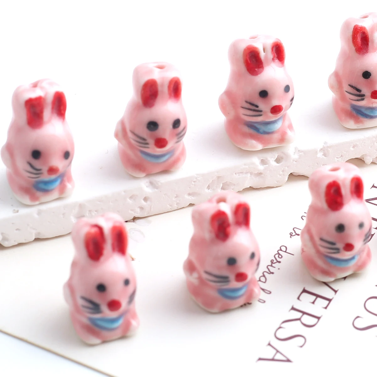 5pcs 12*19mm Pink Rabbit-shape Ceramic Beads - High Quality Ceramic Hare-shapes Beads, Exquisite Cartoon Animals