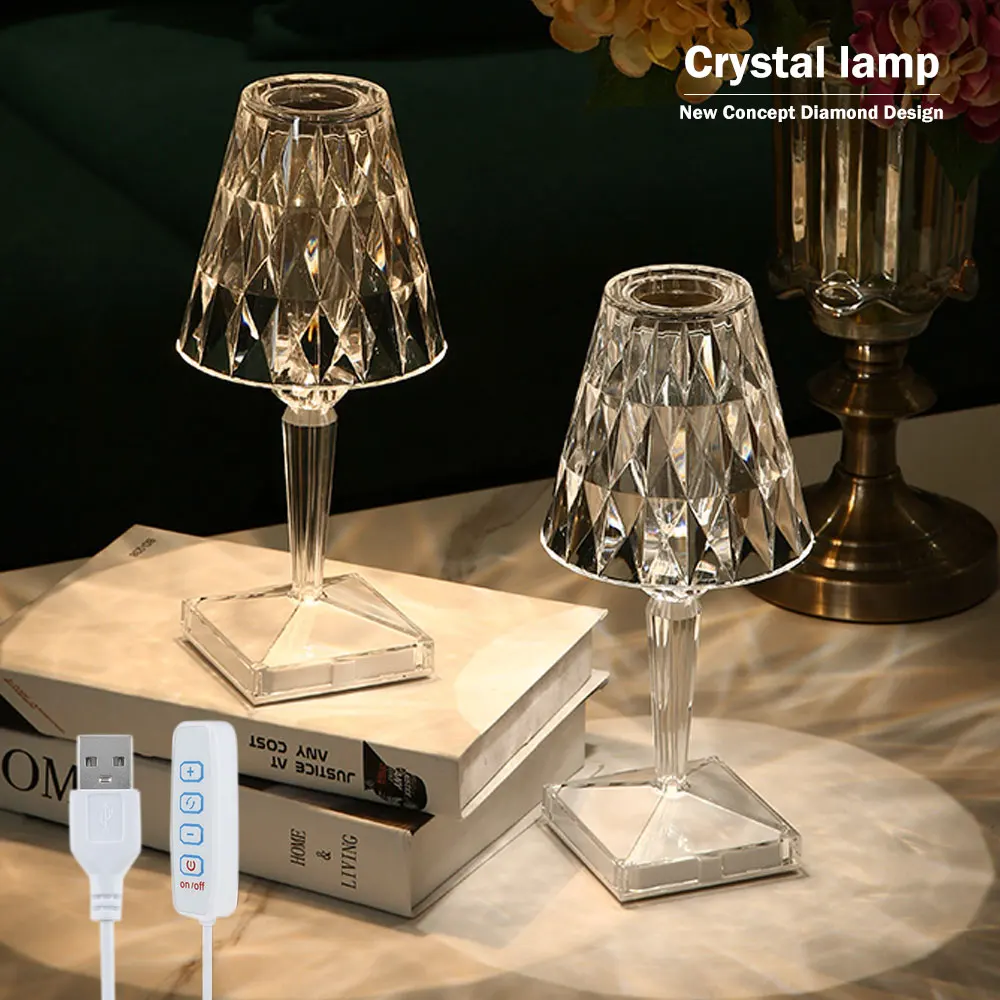 USB Rechargeable Night Light Crystal Table Lamp Led Desk Lamp Home Decor Nights Lights Indoor Lighting Bedroom Lamps Decor