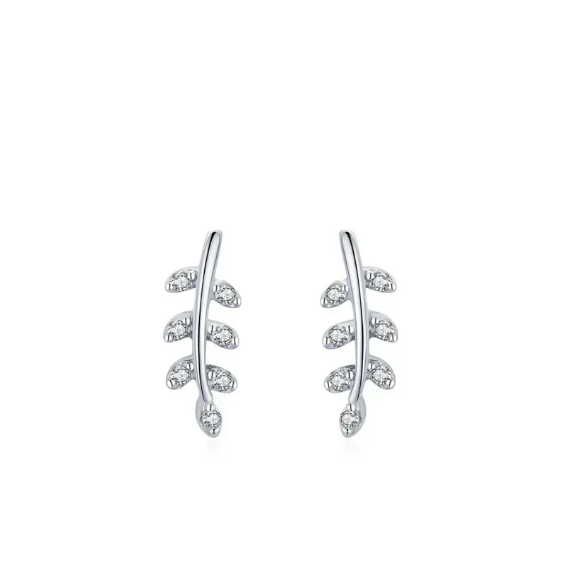 

DE5 Silver Spring Leaf Leaves Clear CZ Zircon Stud Earrings for Women Fashion Jewelry