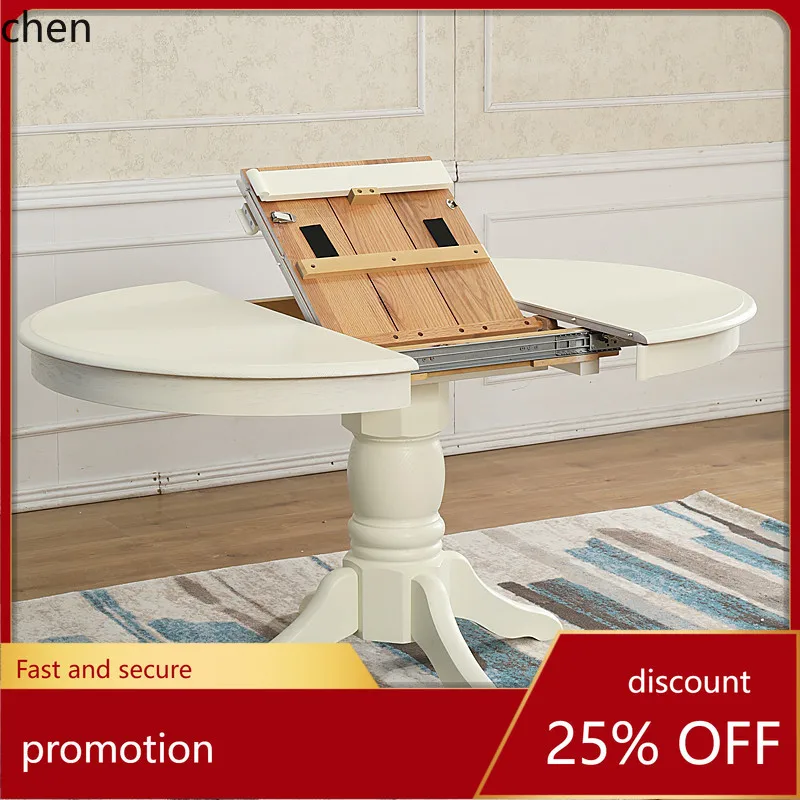 HT Solid Wood Extendable Folding Dining Table Convertible Round Table Mediterranean Dining Table Round Retro Home Use