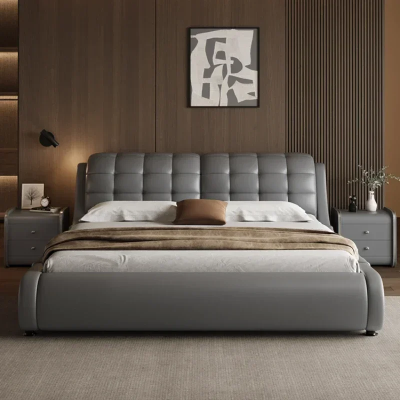 Contact Surface Leather Double Bed Frame Luxury Nordic Wooden Double Bed Unique Modern Cama Matrimonial Bedroom Furniture