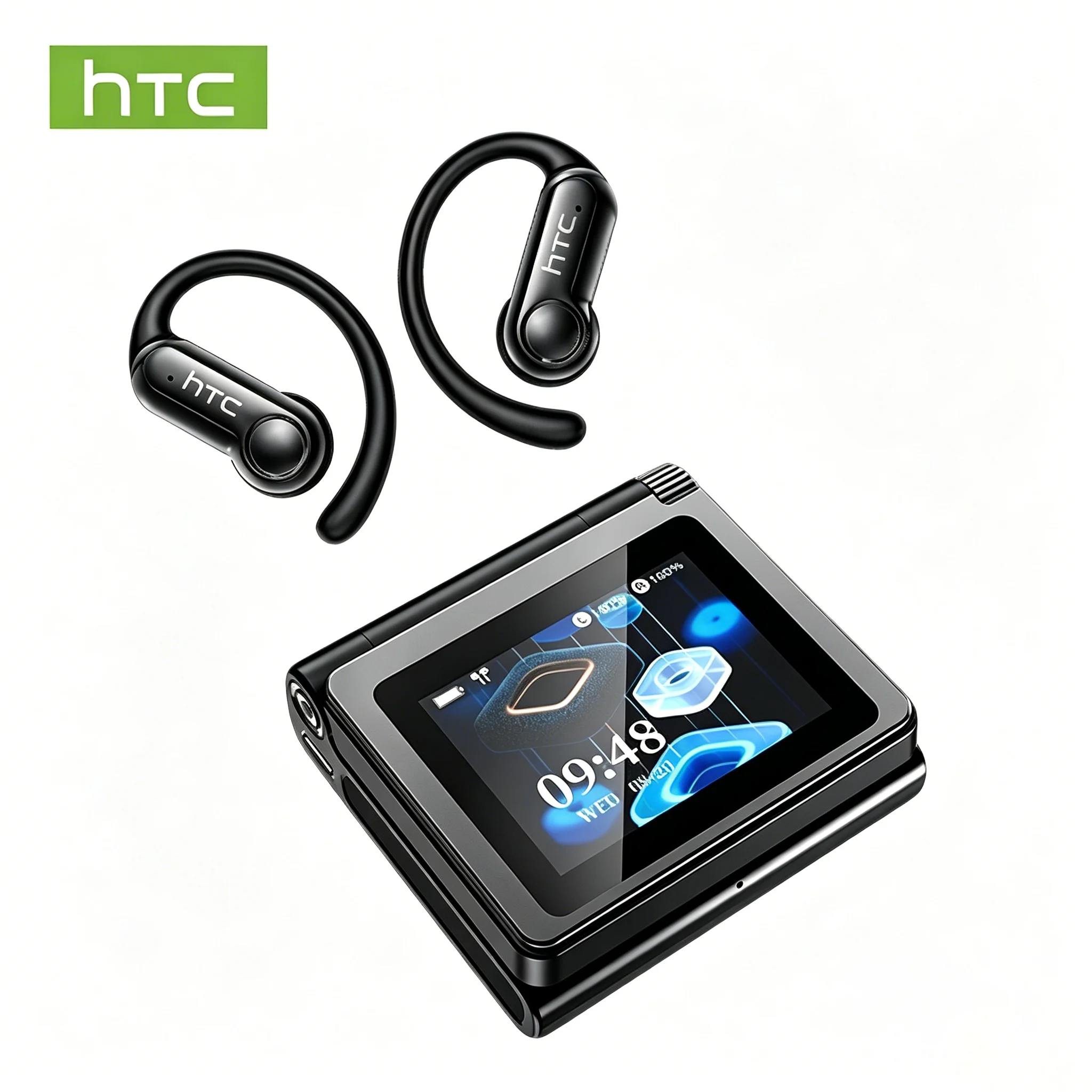 HTC NE80 Cooles Flip-Open-Design Full HD LCD-Display Kabellose Bluetooth-Kopfhörer mit Geringer Latenz 50 Stunden Wiedergabe für Musik Sport Büro