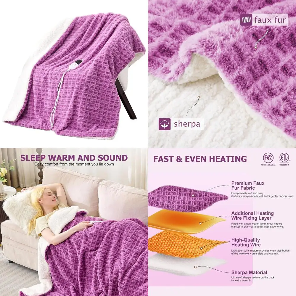 

Одеяло с электрическим подогревом — 6 уровней нагрева, 10 вариантов таймера, сертифицированное ETL, мягкое искусственное мех и шерпа, быстрое нагревание, можно стирать,