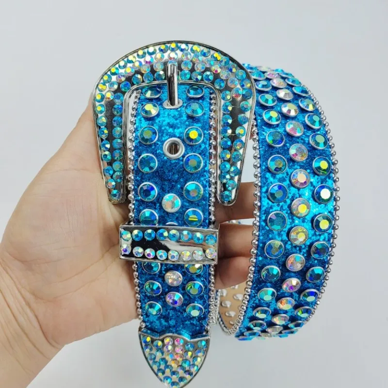 italian brand designer blue rhinestone belts for men fashion soft leather belt pin buckle diamond studded waistband strapon sash