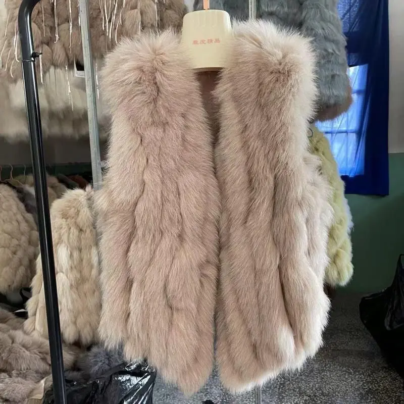 

New Autumn Winter Warm Women's Coat Natural Real Fox Fur Vest Thick Luxury Mid Length Waistcoat Female Jacket Streetwear