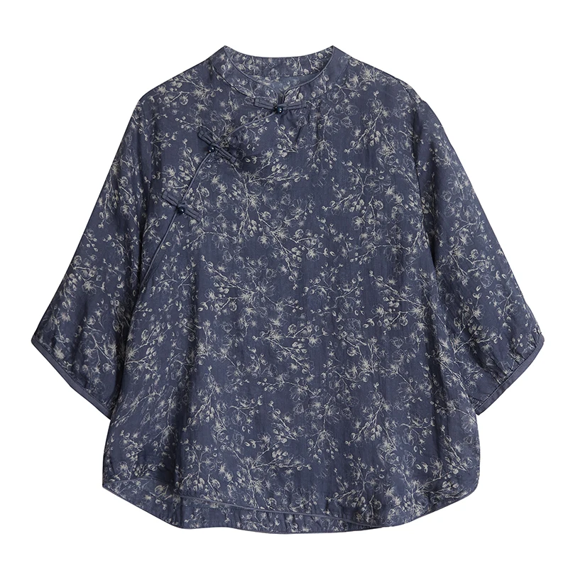 

Хлопок и лен, женский летний новый китайский свободный крой, тонкий топ, одежда для мам, воротник-стойка, пуговицы, ор Све, принт